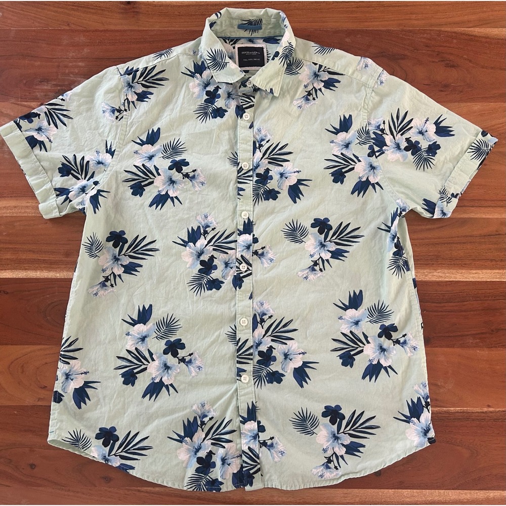 Denim & Flower Mens Mint Green Floral Hibiscus Tropical Cotton Button Down Shirt